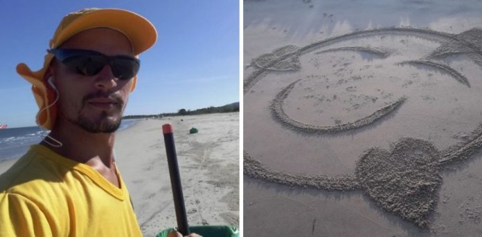 Gari faz desenhos na areia para fazer as pessoas sorrirem mais