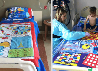Pai transforma cobertores em jogos de tabuleiros para divertir crianças em hospital