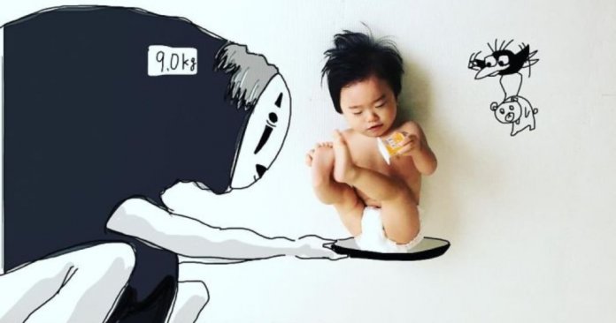 Pai japonês desenha cenários incríveis nas fotos de seus filhos