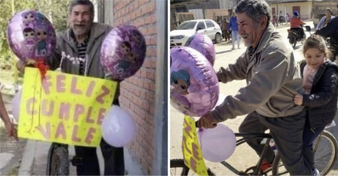 Vovô enfeitou sua bicicleta com balões para buscar sua neta na escola. O melhor aniversário