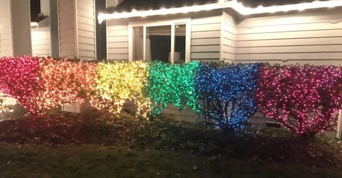 Ela usou 10.000 luzes de Natal e montou um arco-íris LGBT para seu vizinho homofóbico