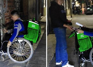 Ele entrega comida de aplicativo em sua cadeira de rodas. Nada é impossível para ele