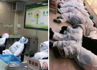 Médicos chineses aparecem exaustos no chão do hospital. Uma luta diária contra o coronavírus