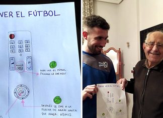 Neto carinhoso desenha instruções no papel para o avô poder assistir o futebol na TV