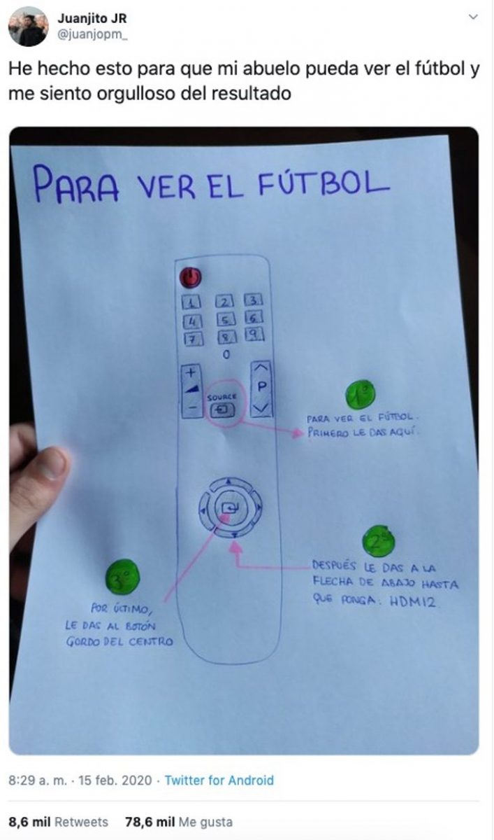 asomadetodosafetos.com - Neto carinhoso desenha instruções no papel para o avô poder assistir o futebol na TV