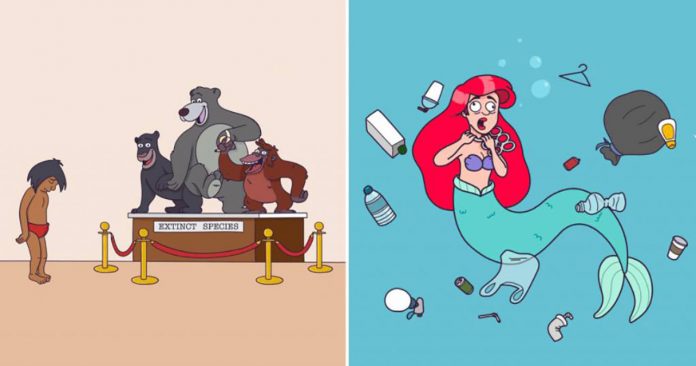 Artista redesenha personagens da Disney em desastres ecológicos. O objetivo? Conscientizar