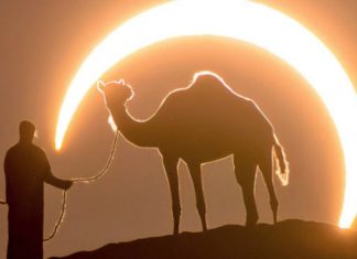 Fotógrafo registra homem e camelo sob um eclipse lunar: o momento perfeito