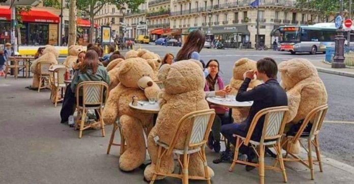Café em Paris utiliza ursos de pelúcia gigantes para mostrar o distanciamento social