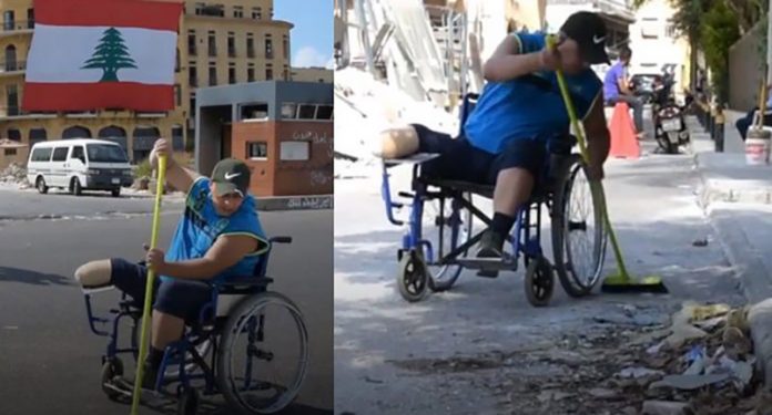 Em vídeo emocionante, cadeirante ajuda na limpeza das ruas após explosão no Líbano