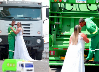 Noiva faz fotos de casamento no caminhão de lixo para homenagear o trabalho do marido; confira
