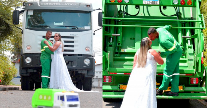 Noiva faz fotos de casamento no caminhão de lixo para homenagear o trabalho do marido; confira