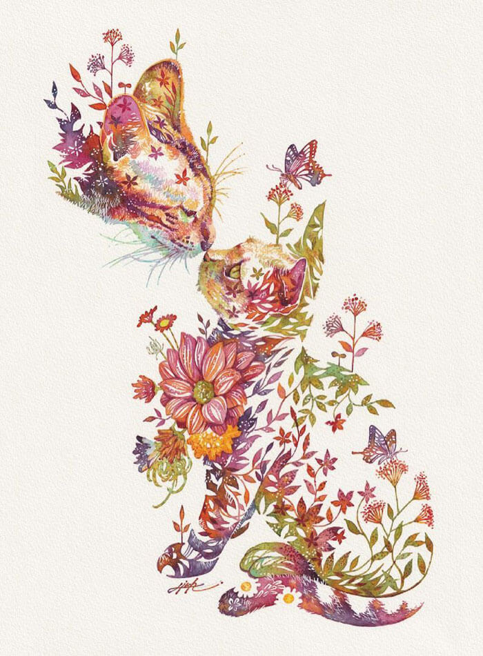 asomadetodosafetos.com - Confira o artista japonês que retrata animais com arranjos de flores pintados em aquarela