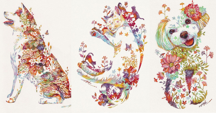 Confira o artista japonês que retrata animais com arranjos de flores pintados em aquarela