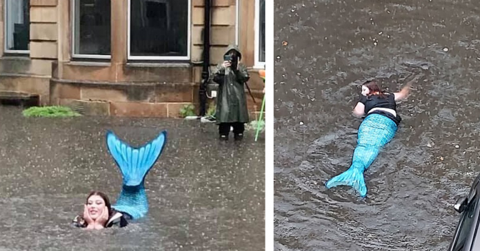 Mulher fantasiada de sereia é flagrada em meio a enchente na Escócia