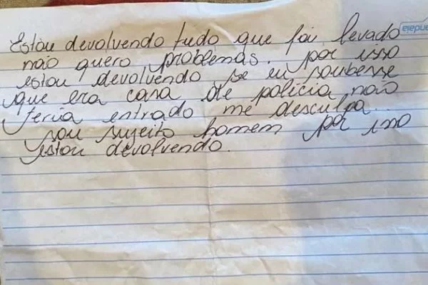 asomadetodosafetos.com - Ladrão se desculpa e devolve itens roubados ao descobrir que casa era de delegado