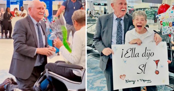Vovô reencontra amor da adolescência no aeroporto e faz pedido de casamento emocionante